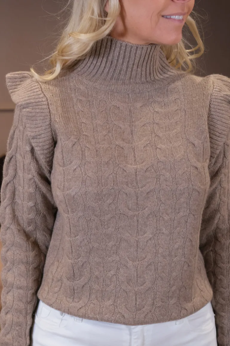 Rollneck Frill Cable Sweater Mink